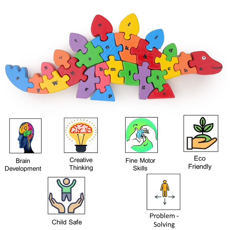 Wooden Montessori Dinosaur Puzzle A to Z & Educational & Learning, PreSchool  Playset - (Upper and Small case) - Double Sided (26 Pieces) - Multicoloured